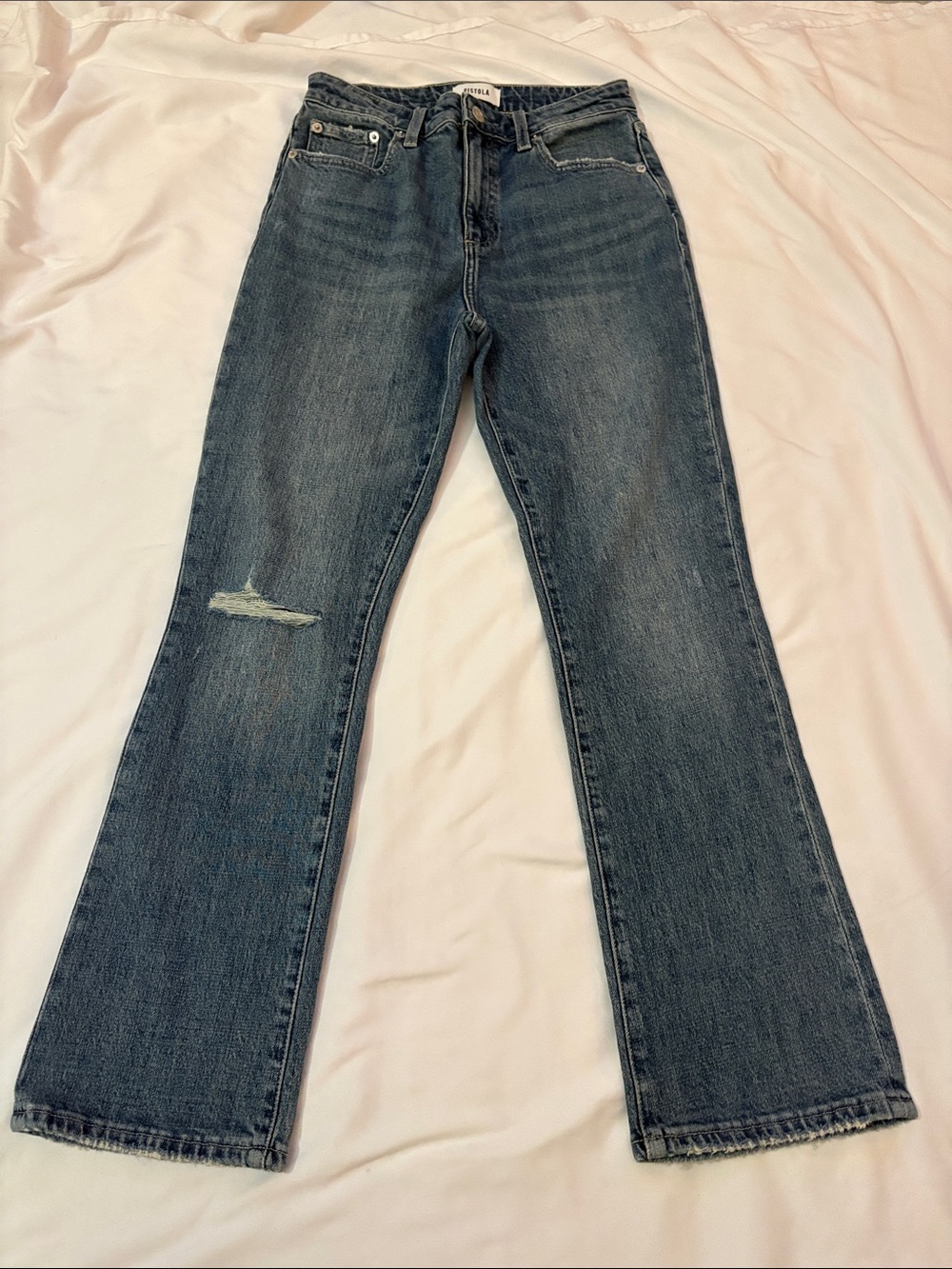 pistola Medium Dark Blue Flare Jeans with Knee Distress